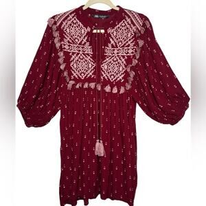 Zara Bohemian WIth Tassels Burgundy Tunic Top Size Small